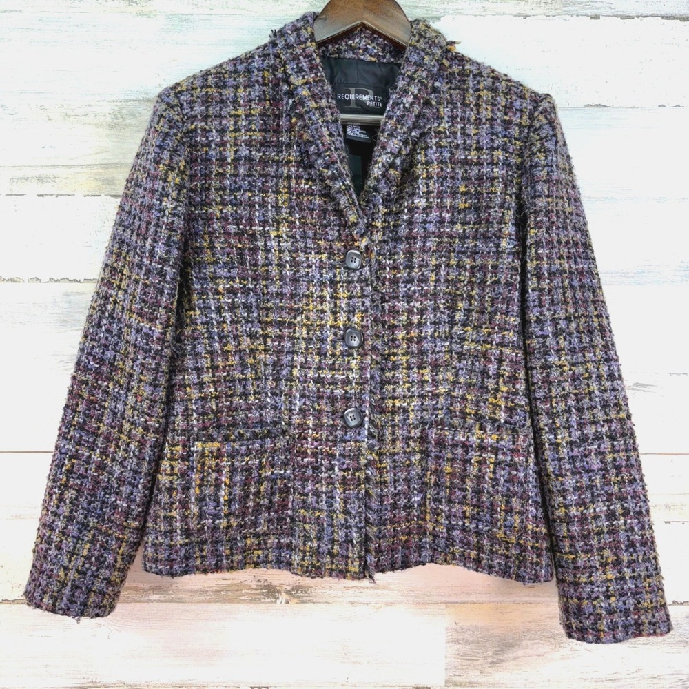 Requirements Purple‎ Grey Plaid Wool Blend Tweed Blazer Jacket Size 12P Fringe